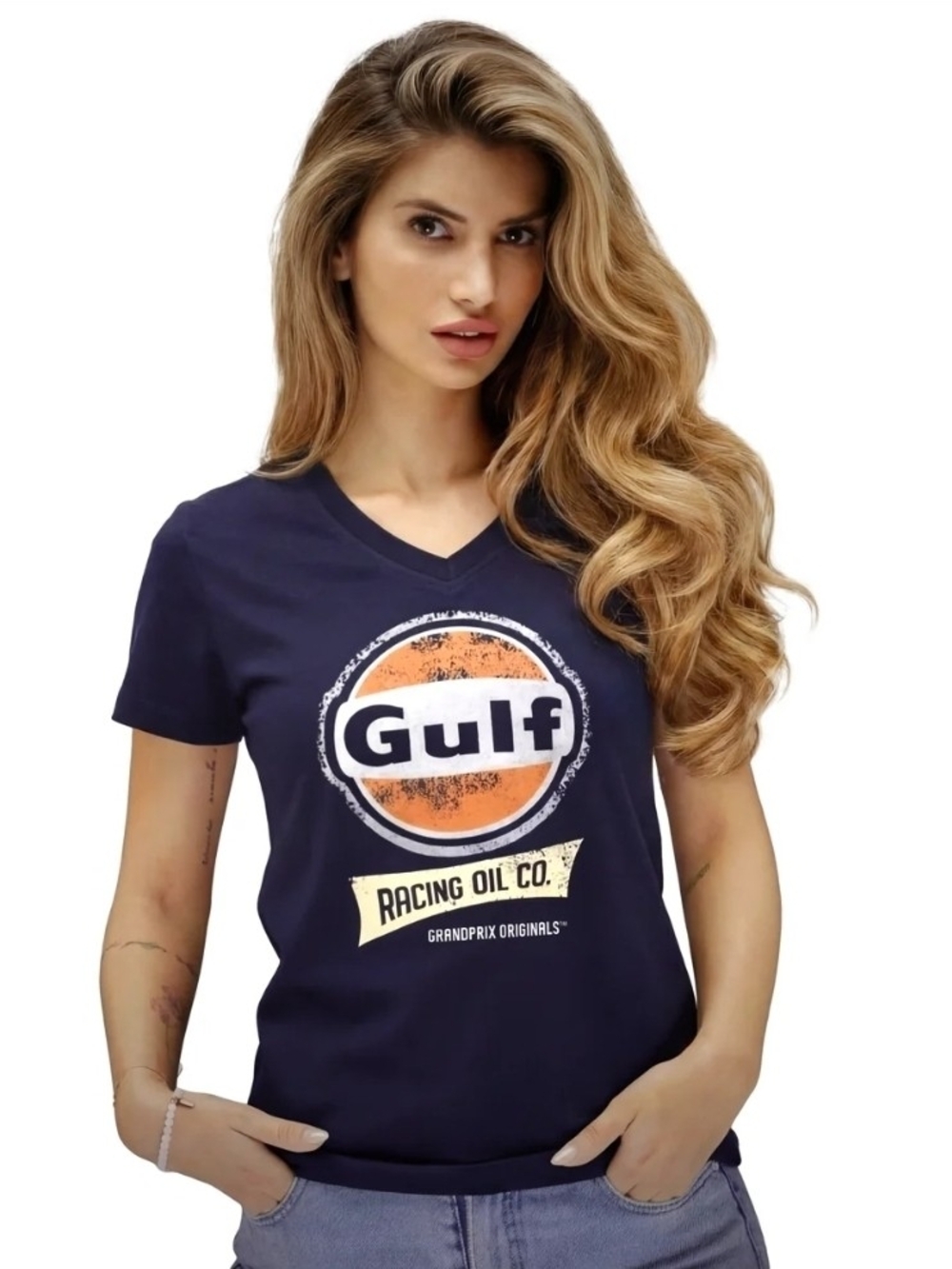 Women's Gulf Racing Oil Co Navy V-Neck Tee